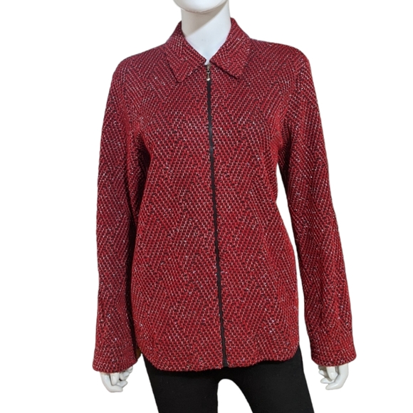 Alfred Dunner Red w Silver Lurex Thread Full Zip Jacket , 8 - Picture 3 of 7
